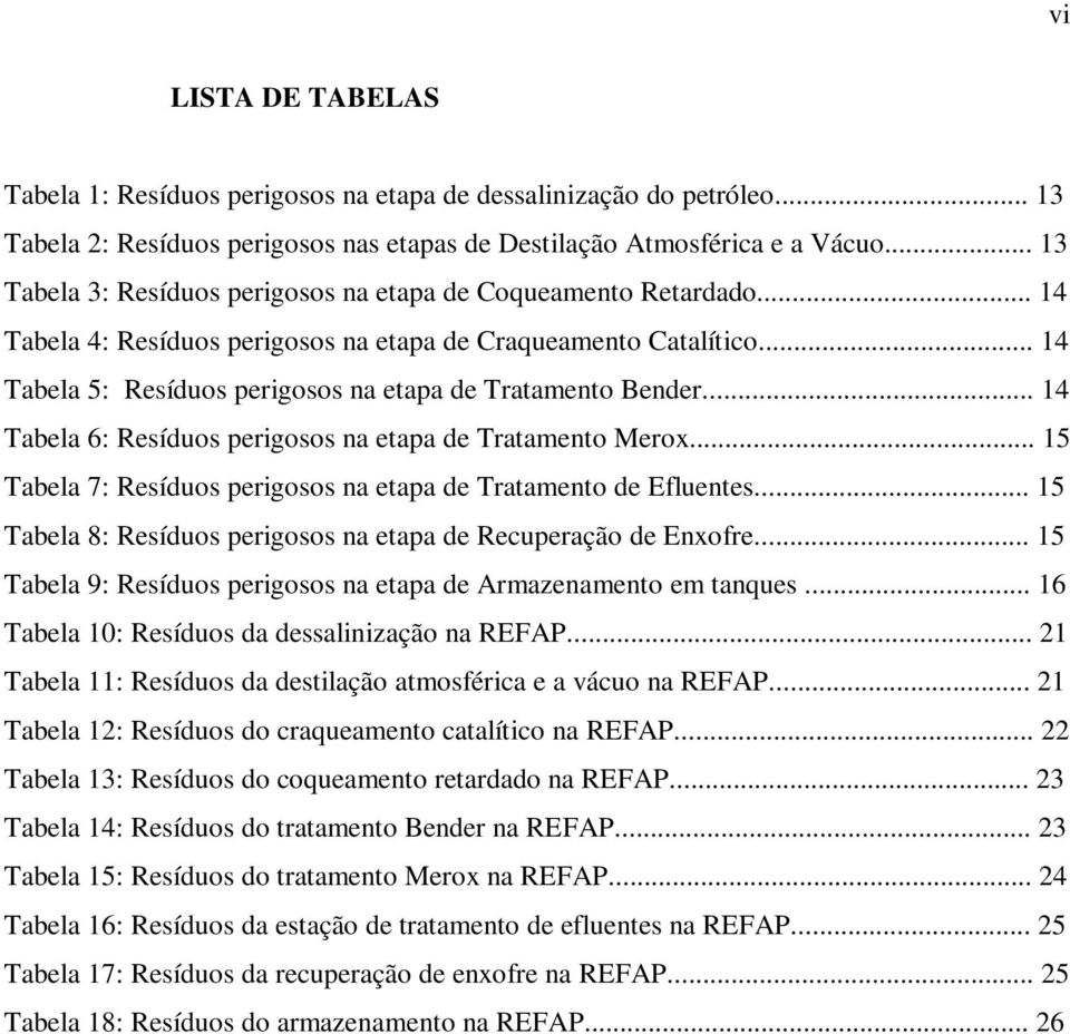 .. 14 Tabela 5: Resíduos perigosos na etapa de Tratamento Bender... 14 Tabela 6: Resíduos perigosos na etapa de Tratamento Merox... 15 Tabela 7: Resíduos perigosos na etapa de Tratamento de Efluentes.