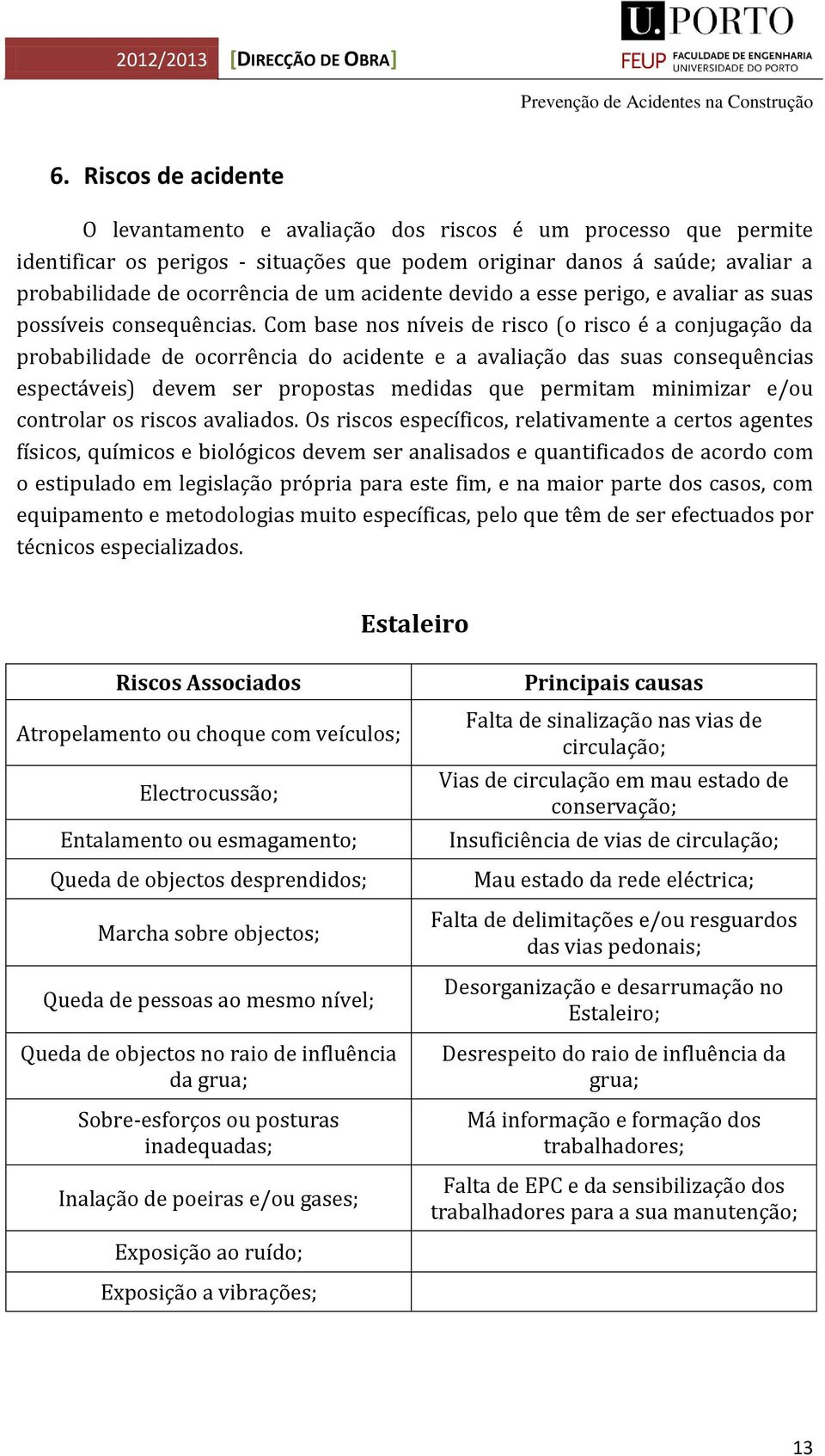 Com base nos níveis de risco (o risco é a conjugação da probabilidade de ocorrência do acidente e a avaliação das suas consequências espectáveis) devem ser propostas medidas que permitam minimizar