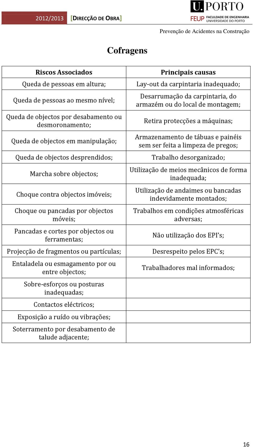 Entaladela ou esmagamento por ou entre objectos; Sobre-esforços ou posturas inadequadas; Contactos eléctricos; Exposição a ruído ou vibrações; Soterramento por desabamento de talude adjacente;