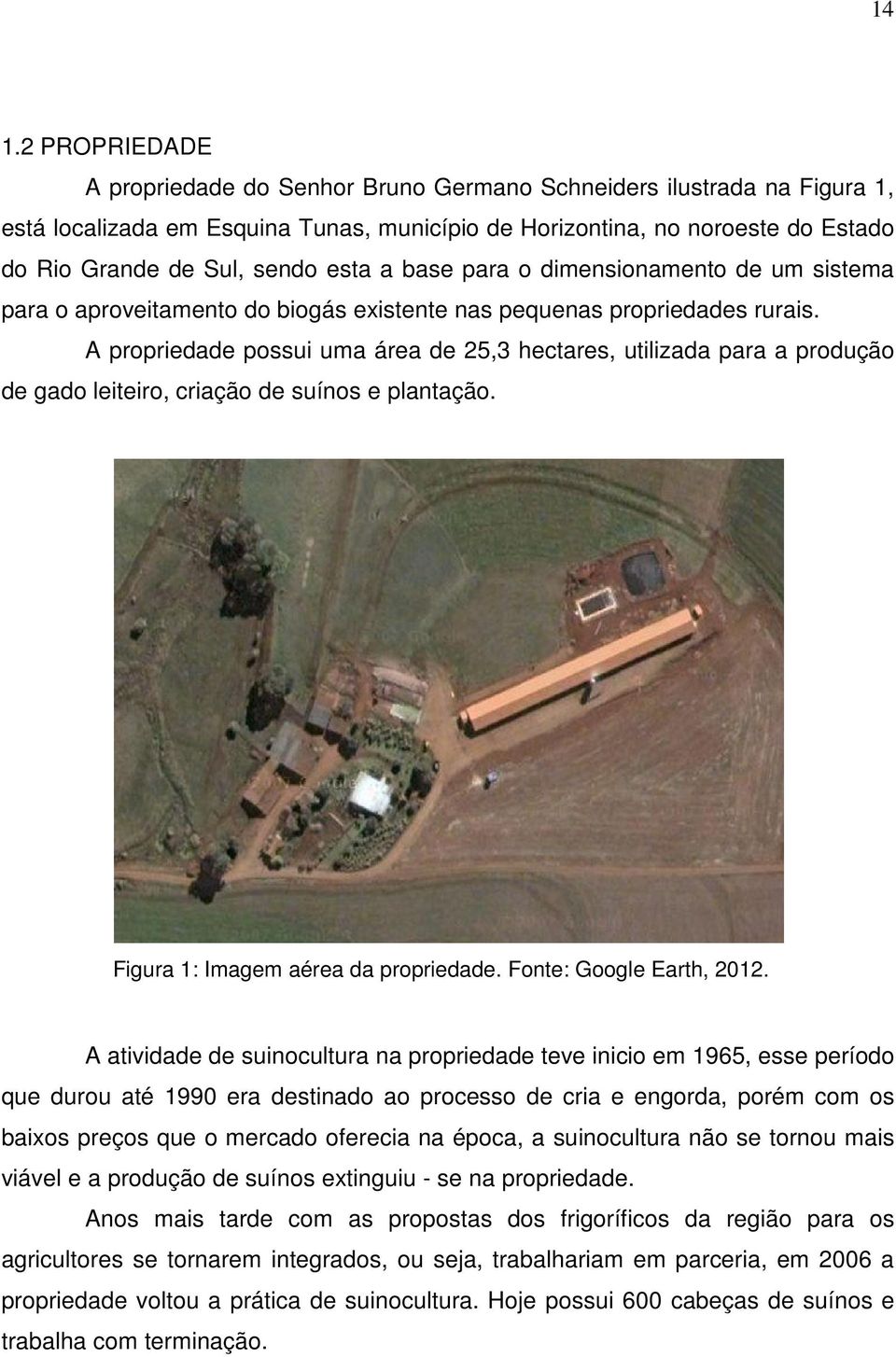 A propriedade possui uma área de 25,3 hectares, utilizada para a produção de gado leiteiro, criação de suínos e plantação. Figura 1: Imagem aérea da propriedade. Fonte: Google Earth, 2012.