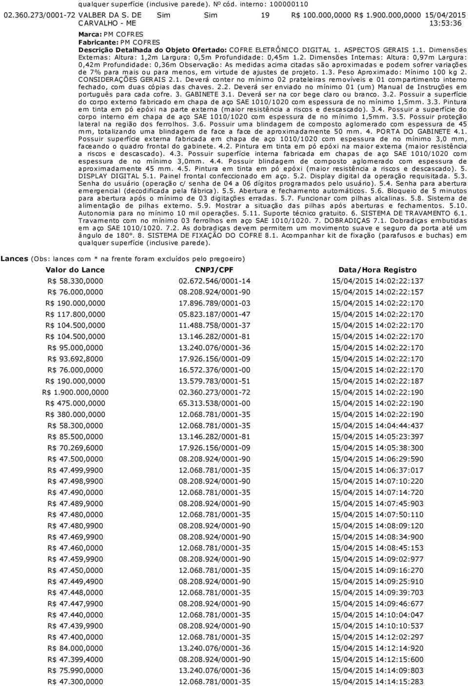 virtude de ajustes de projeto. 1.3. Peso Aproxim ado: Mínim o 100 kg 2. CONSIDERAÇÕES GERAIS 2.1. Deverá conter no mínimo 02 prateleiras removíveis e 01 compartimento interno fechado, com duas cópias das chaves.