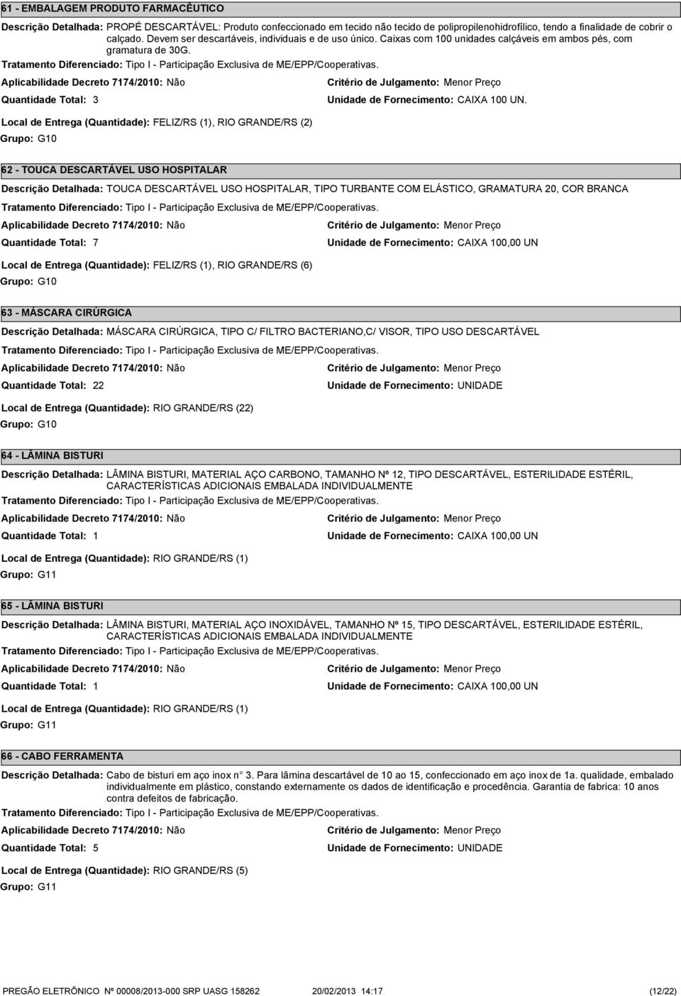 Local de Entrega (Quantidade): FELIZ/RS (1), RIO GRANDE/RS (2) Grupo: G10 62 - TOUCA DESCARTÁVEL USO HOSPITALAR TOUCA DESCARTÁVEL USO HOSPITALAR, TIPO TURBANTE COM ELÁSTICO, GRAMATURA 20, COR BRANCA