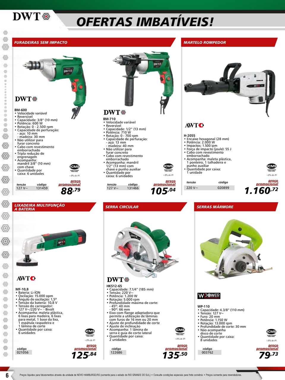 1/2 (13 mm) Potência: 710 W Rotação: 0-700 rpm - aço: 13 mm - madeira: 40 mm Não utilizar para furar concreto mandril 1/2 (13 mm) com chave e punho auxiliar Quantidade por caixa: 6 unidades tensão