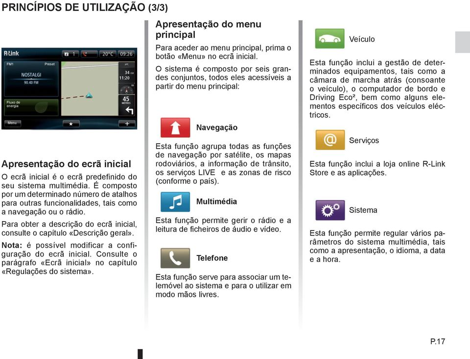 Nota: é possível modificar a configuração do ecrã inicial. Consulte o parágrafo «Ecrã inicial» no capítulo «Regulações do sistema».