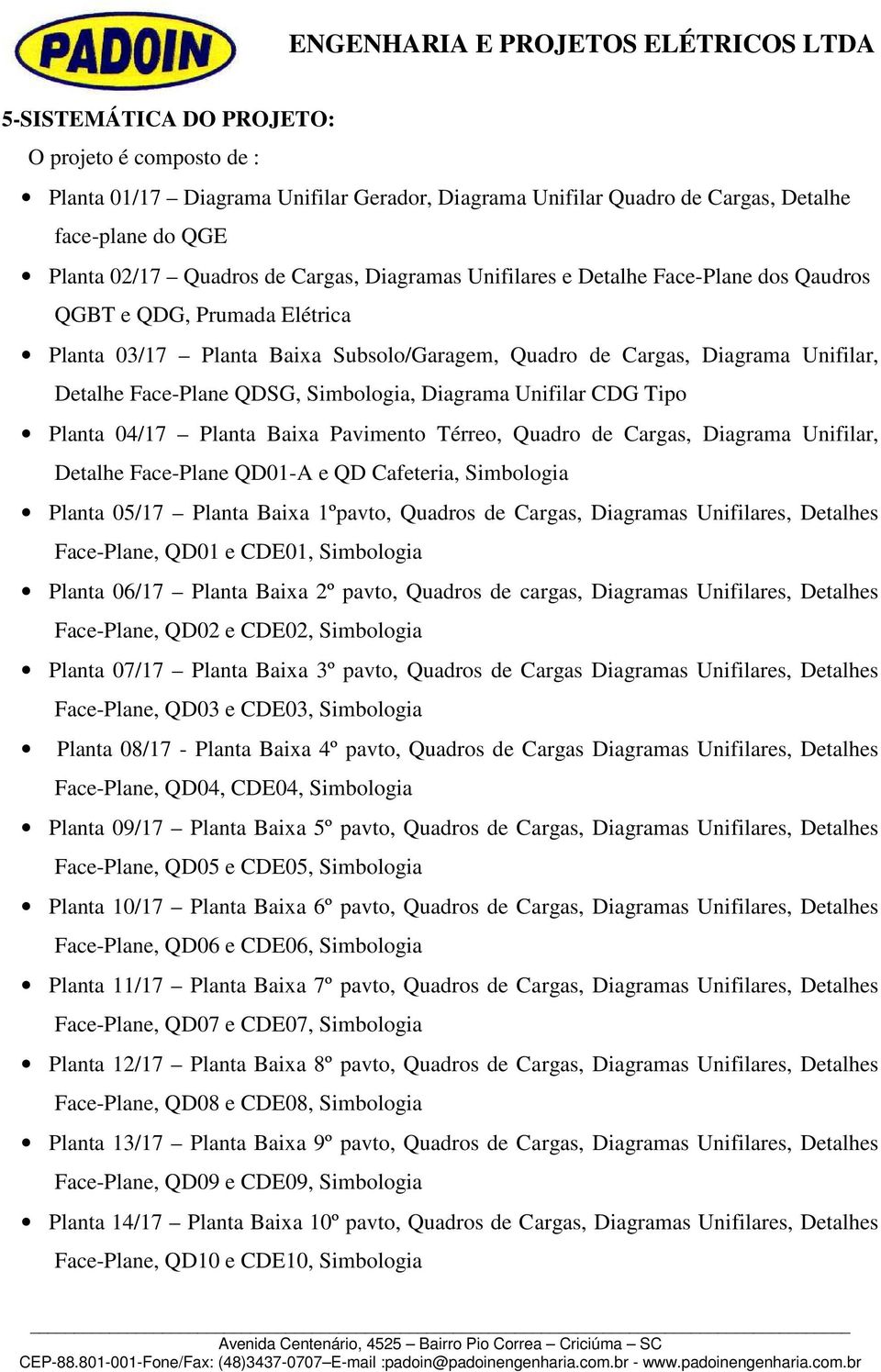 Unifilar CDG Tipo Planta 04/17 Planta Baixa Pavimento Térreo, Quadro de Cargas, Diagrama Unifilar, Detalhe Face-Plane QD01-A e QD Cafeteria, Simbologia Planta 05/17 Planta Baixa 1ºpavto, Quadros de