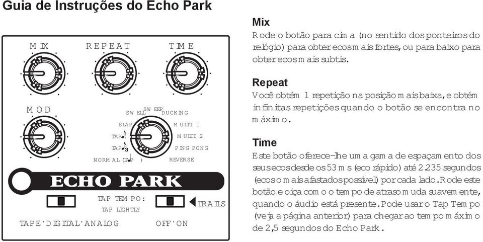 Time Este botão oferece-lhe uma gama de espaçamento dos seus ecos desde os 53 ms (eco rápido) até 2.235 segundos (ecos o mais afastados possível) por cada lado.