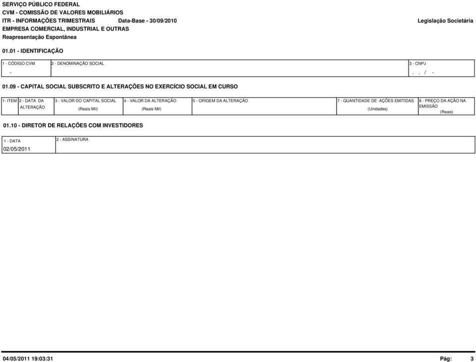 09 - CAPITAL SOCIAL SUBSCRITO E ALTERAÇÕES NO EXERCÍCIO SOCIAL EM CURSO 1- ITEM 2 - DATA DA ALTERAÇÃO 3 - VALOR DO CAPITAL SOCIAL (Reais