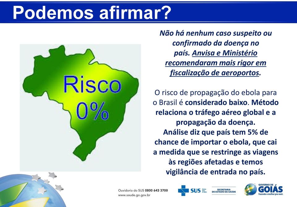 O risco de propagação do ebola para o Brasil é considerado baixo.