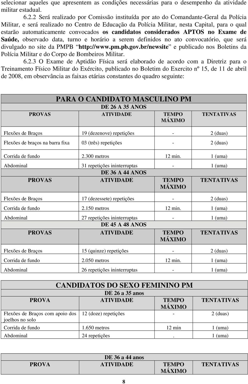 convocados os candidatos considerados APTOS no Exame de Saúde, observado data, turno e horário a serem definidos no ato convocatório, que será divulgado no site da PMPB http://www.pm.pb.gov.