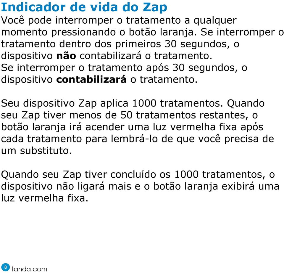 Se interromper o tratamento após 30 segundos, o dispositivo contabilizará o tratamento. Seu dispositivo Zap aplica 1000 tratamentos.