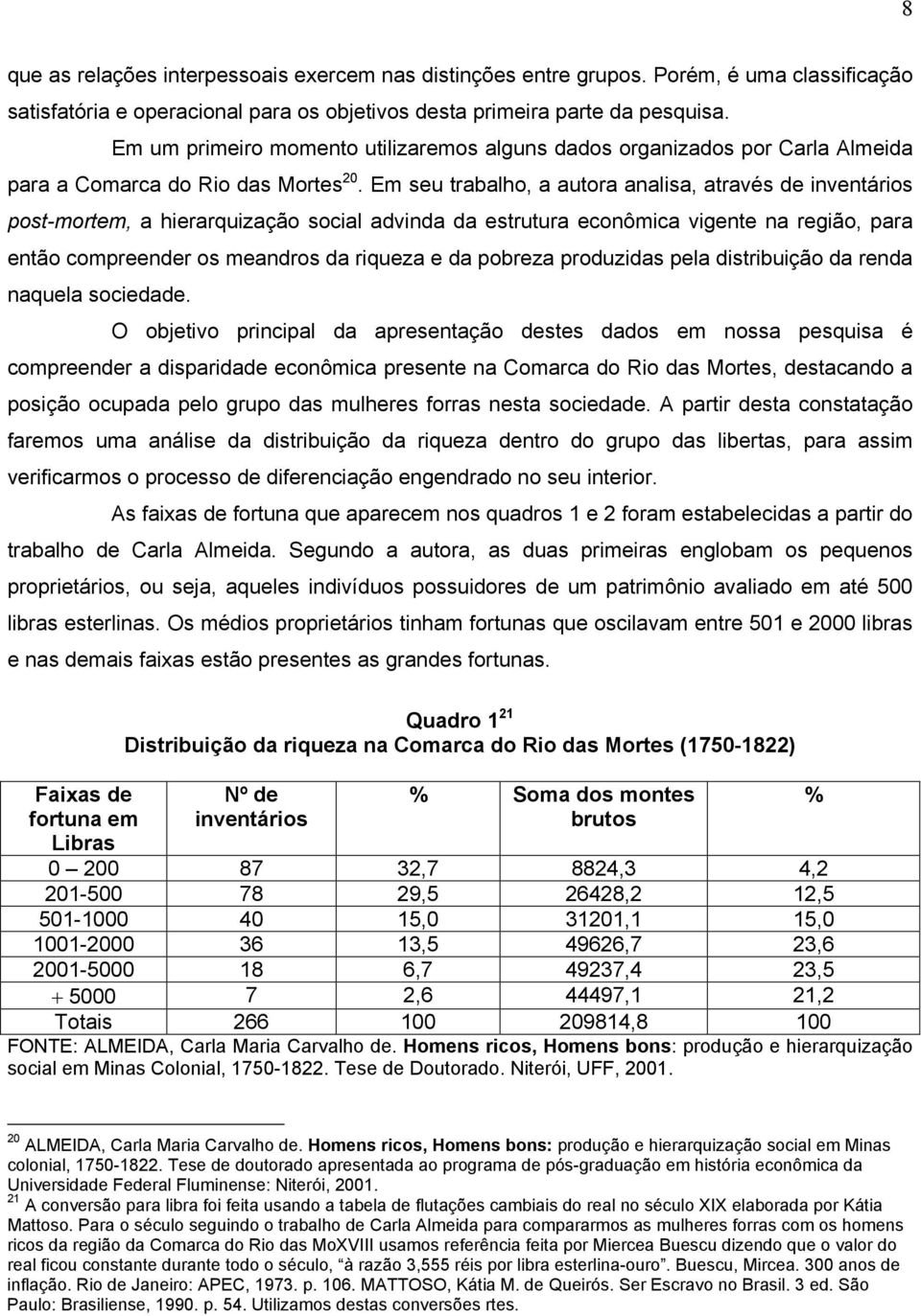 Em seu trabalho, a autora analisa, através de inventários post-mortem, a hierarquização social advinda da estrutura econômica vigente na região, para então compreender os meandros da riqueza e da