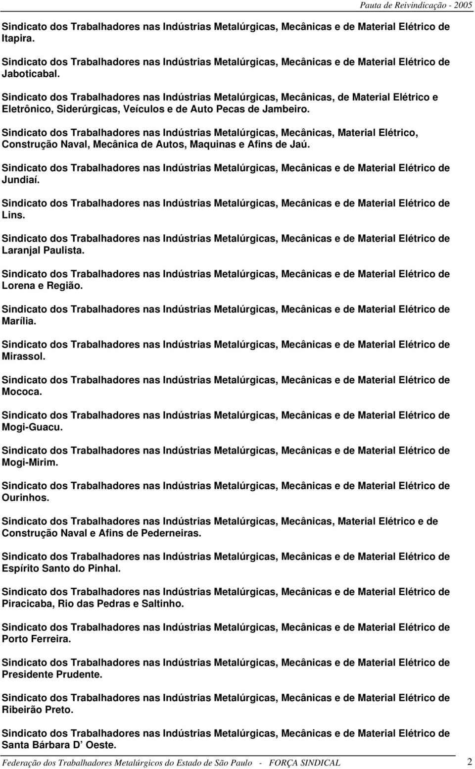 Marília. Mirassol. Mococa. Mogi-Guacu. Mogi-Mirim. Ourinhos. Sindicato dos Trabalhadores nas Indústrias Metalúrgicas, Mecânicas, Material Elétrico e de Construção Naval e Afins de Pederneiras.