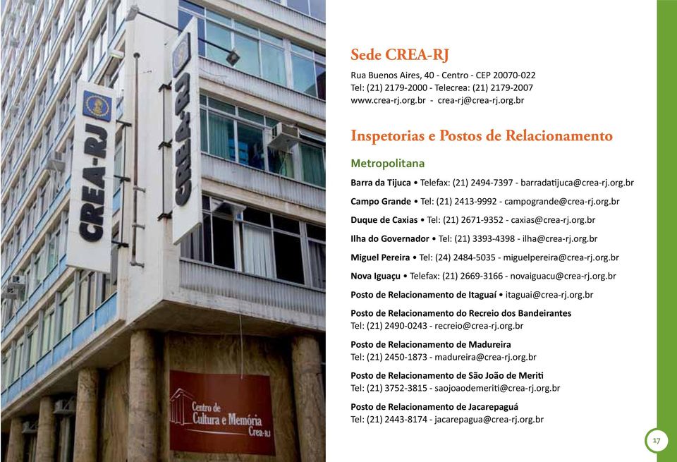 org.br Duque de Caxias Tel: (21) 2671-9352 - caxias@crea-rj.org.br Ilha do Governador Tel: (21) 3393-4398 - ilha@crea-rj.org.br Miguel Pereira Tel: (24) 2484-5035 - miguelpereira@crea-rj.org.br Nova Iguaçu Telefax: (21) 2669-3166 - novaiguacu@crea-rj.