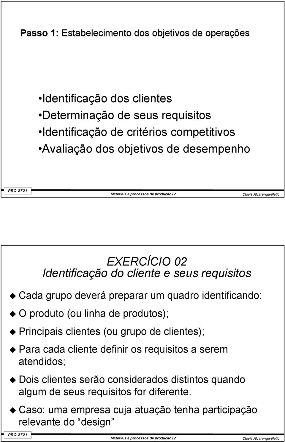 identificando: O produto (ou linha de produtos); Principais clientes (ou grupo de clientes); Para cada cliente definir os requisitos a serem