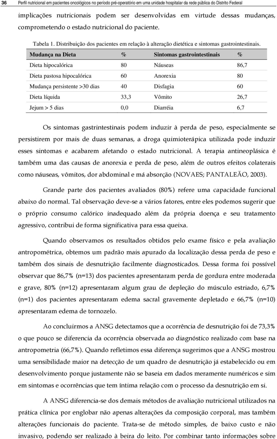 podem ser desenvolvidas em virtude dessas mudanças, comprometendo o estado nutricional do paciente. Tabela 1. Distribuição dos pacientes em relação à alteração dietética e sintomas gastrointestinais.