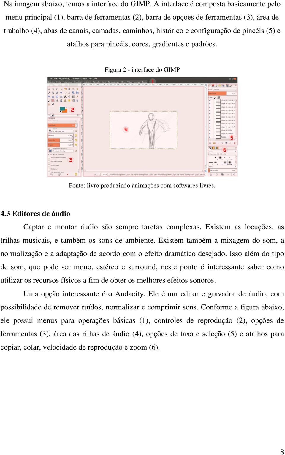 configuração de pincéis (5) e atalhos para pincéis, cores, gradientes e padrões. Figura 2 - interface do GIMP Fonte: livro produzindo animações com softwares livres. 4.
