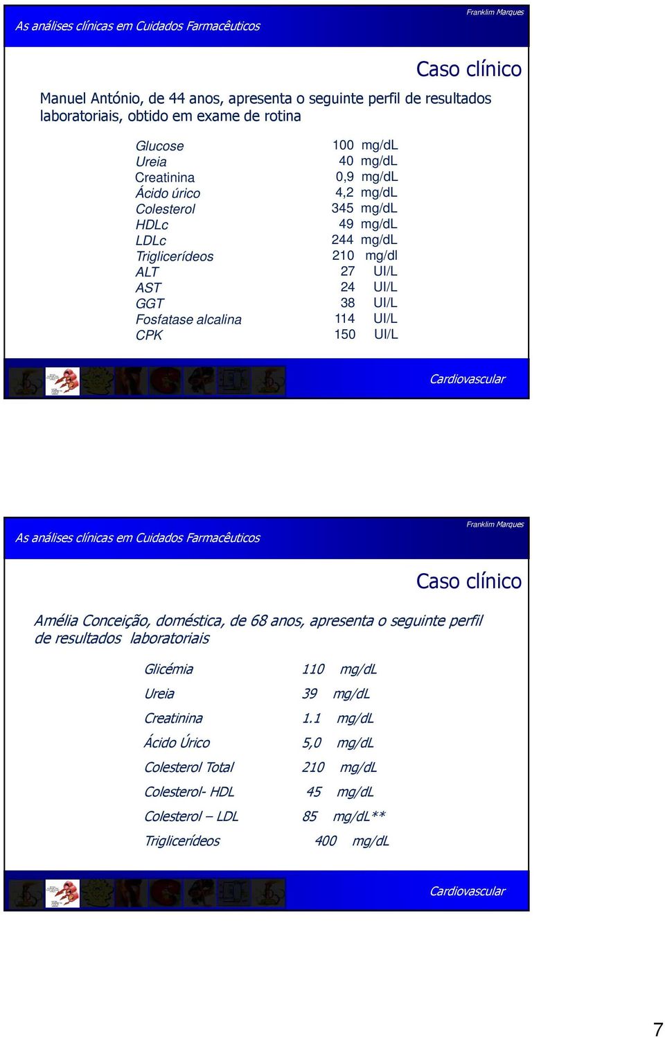 UI/L 38 UI/L 114 UI/L 150 UI/L Caso clínico Amélia Conceição, doméstica, de 68 anos, apresenta o seguinte perfil de resultados laboratoriais Glicémia 110 mg/dl