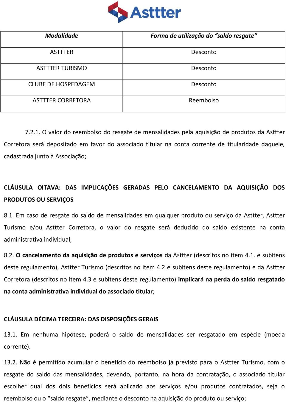 junto à Associação; CLÁUSULA OITAVA: DAS IMPLICAÇÕES GERADAS PELO CANCELAMENTO DA AQUISIÇÃO DOS PRODUTOS OU SERVIÇOS 8.1.