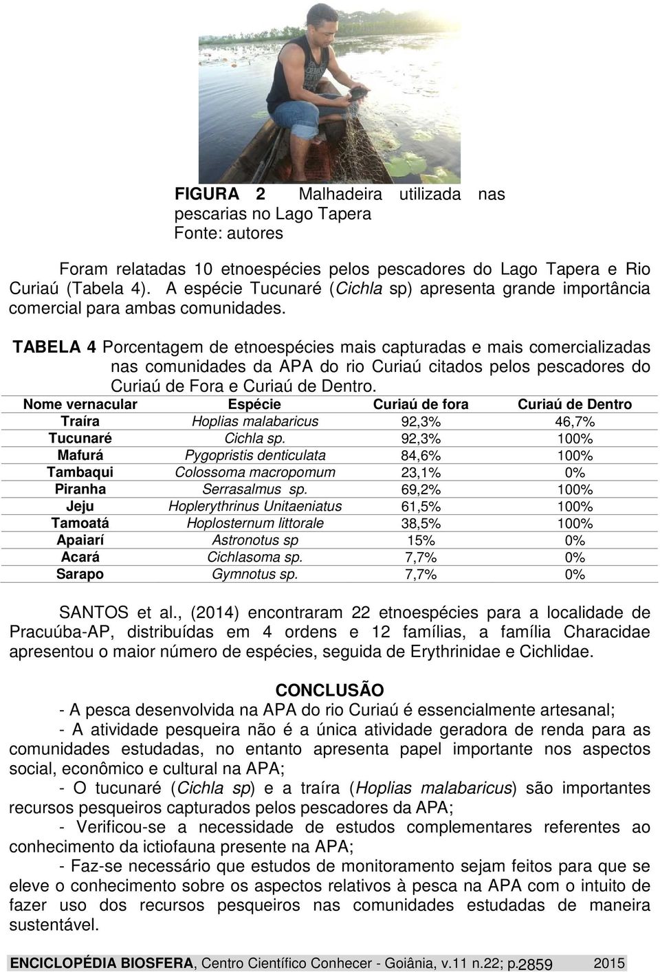 TABELA 4 Porcentagem de etnoespécies mais capturadas e mais comercializadas nas comunidades da APA do rio Curiaú citados pelos pescadores do Curiaú de Fora e Curiaú de Dentro.