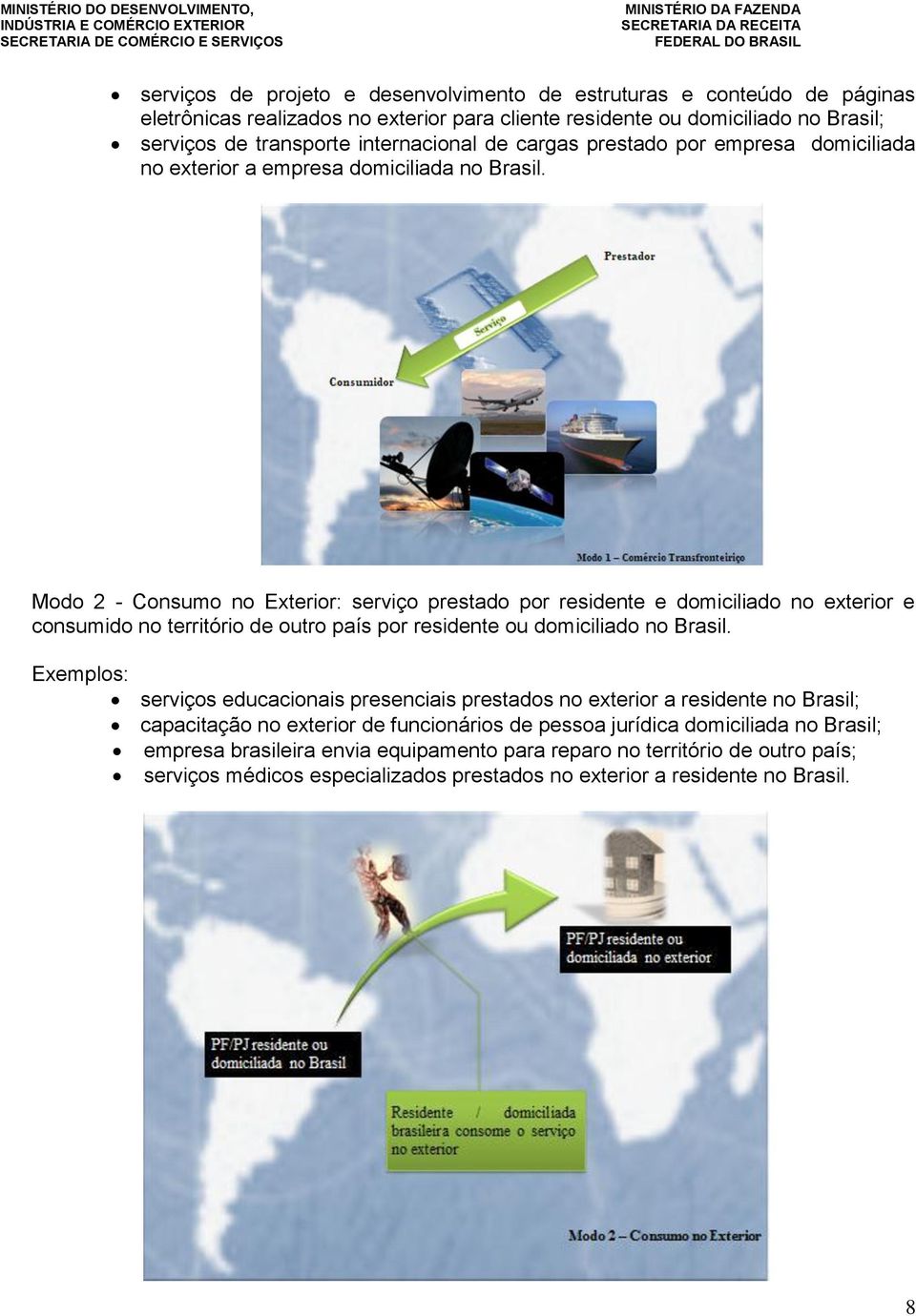 Modo 2 - Consumo no Exterior: serviço prestado por residente e domiciliado no exterior e consumido no território de outro país por residente ou domiciliado no Brasil.