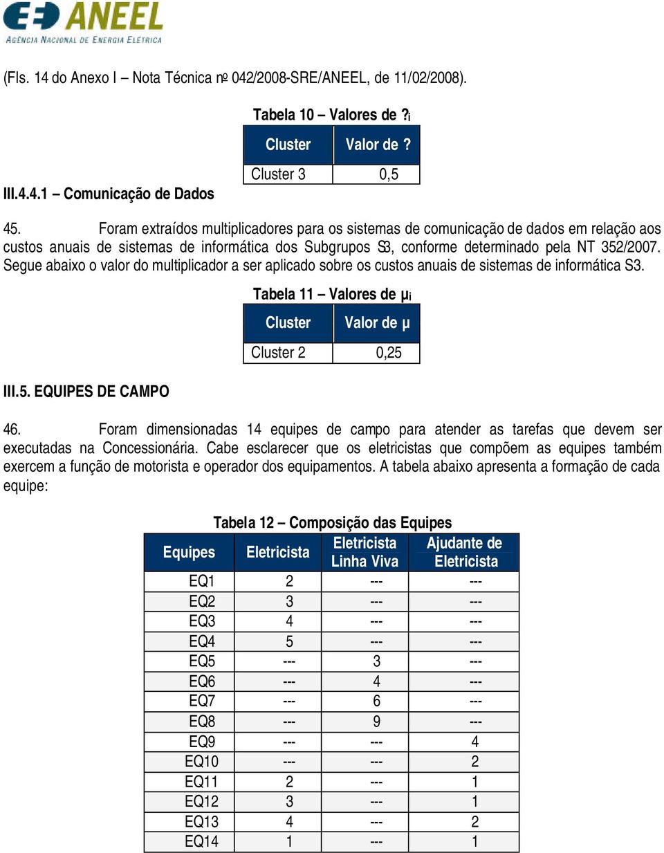 Segue abaixo o valor do multiplicador a ser aplicado sobre os custos anuais de sistemas de informática S3. III.5. EQUIPES DE CAMPO Tabela 11 Valores de µi Cluster Valor de µ Cluster 2 0,25 46.