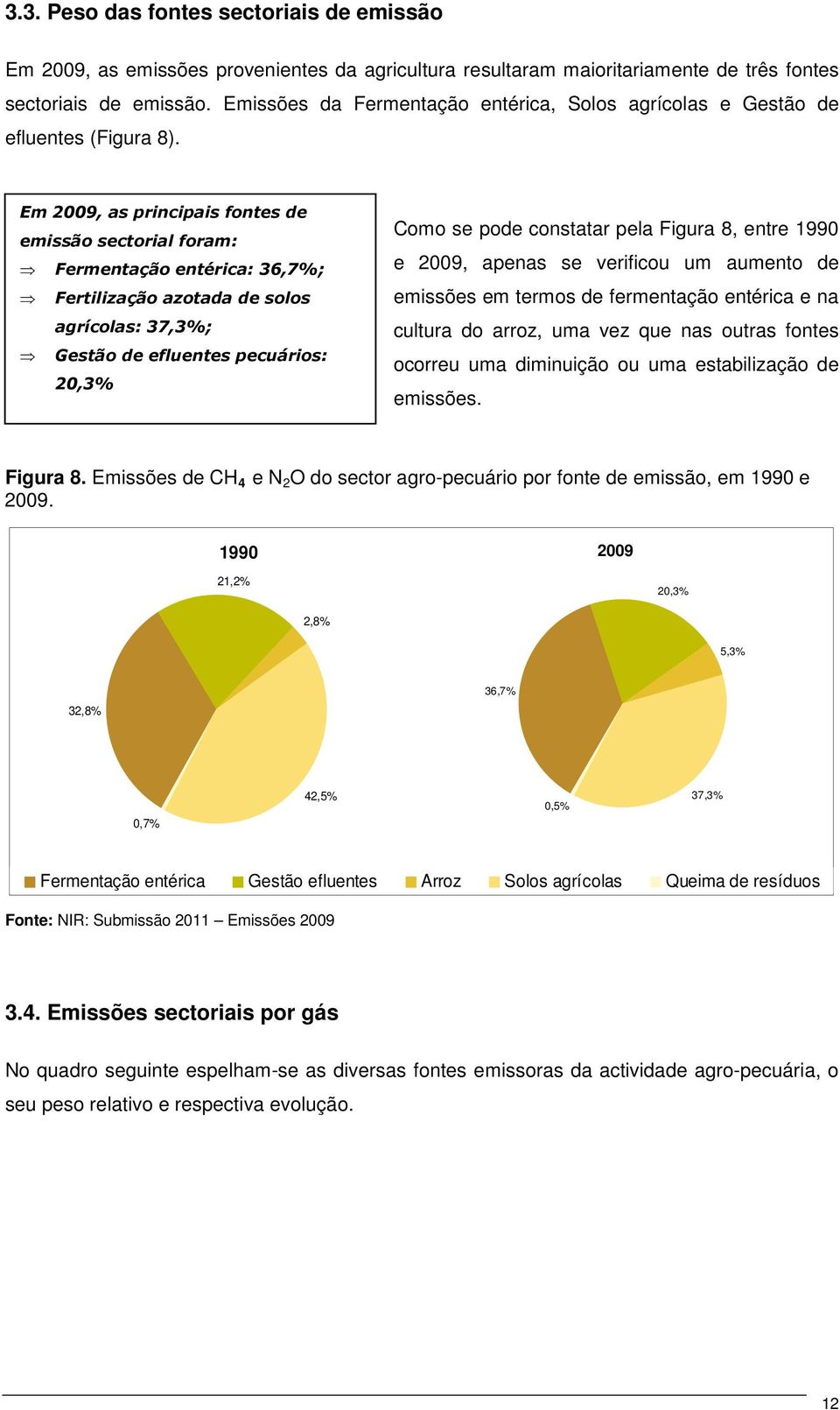 Em 2009, as principais fontes de emissão sectorial foram: Fermentação entérica: 36,7%; Fertilização azotada de solos agrícolas: 37,3%; Gestão de efluentes pecuários: 20,3% Como se pode constatar pela