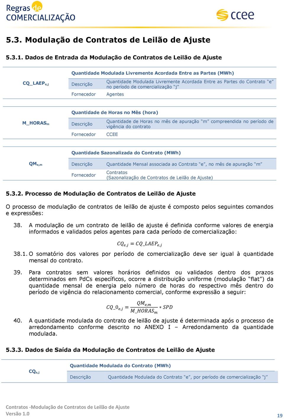 Contrato e no período de comercialização j Agentes Quantidade de Horas no Mês (hora) M_HORAS m Quantidade de Horas no mês de apuração m compreendida no período de vigência do contrato CCEE Quantidade