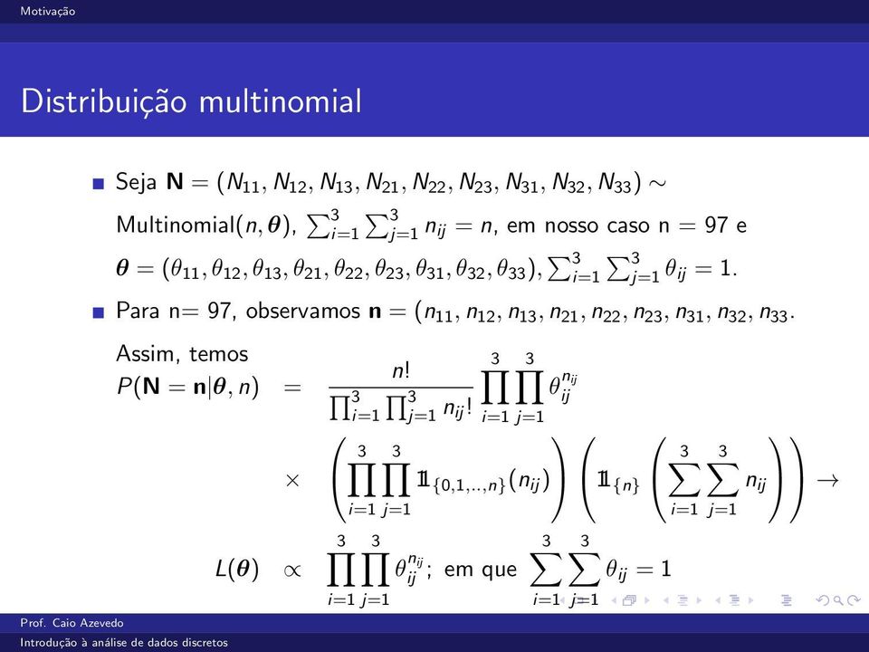 Para n= 97, observamos n = (n 11, n 12, n 13, n 21, n 22, n 23, n 31, n 32, n 33. Assim, temos P(N = n θ, n) = L(θ) n!