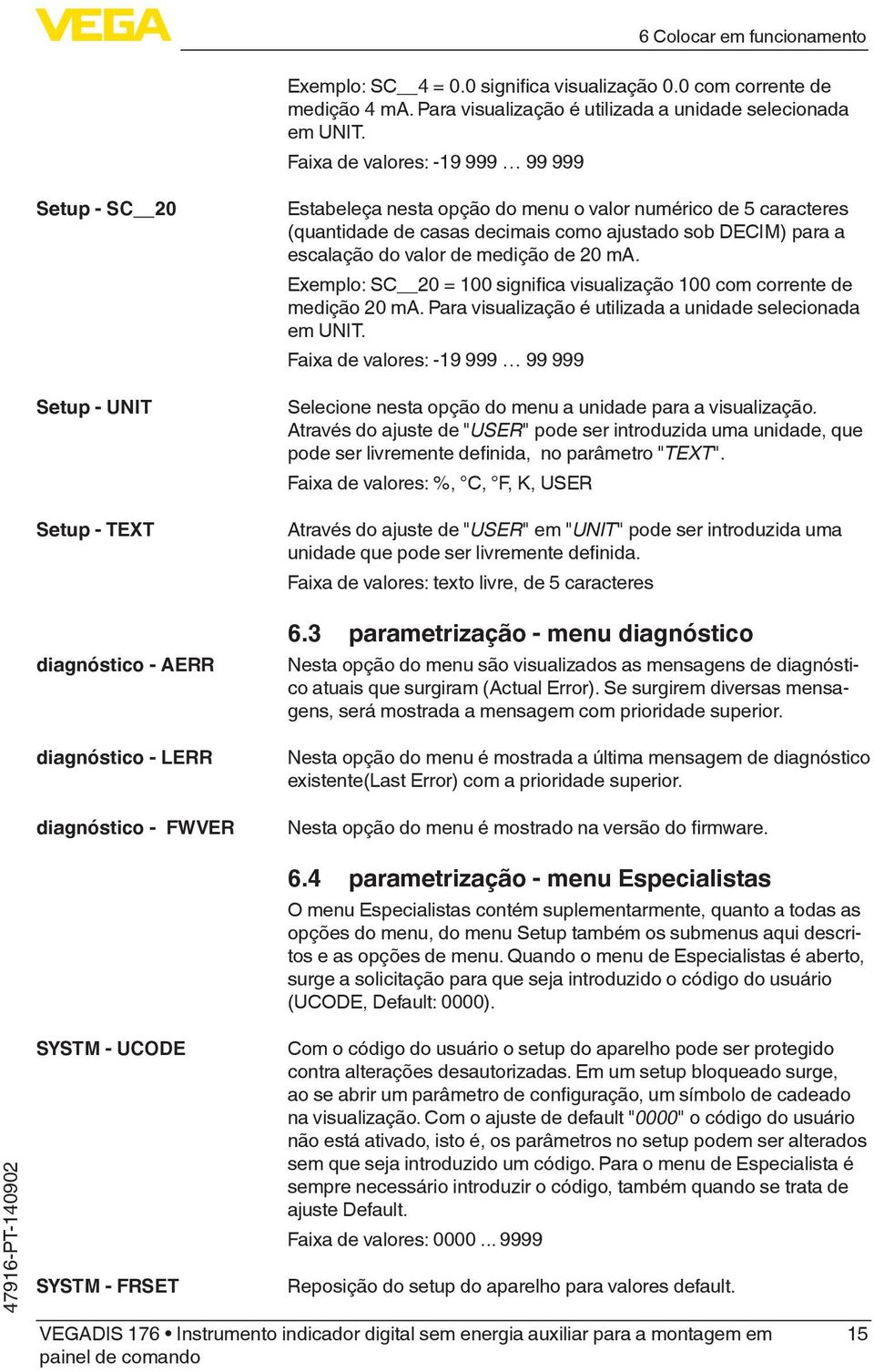 (quantidade de casas decimais como ajustado sob DECIM) para a escalação do valor de medição de 20 ma. Exemplo: SC 20 = 100 significa visualização 100 com corrente de medição 20 ma.