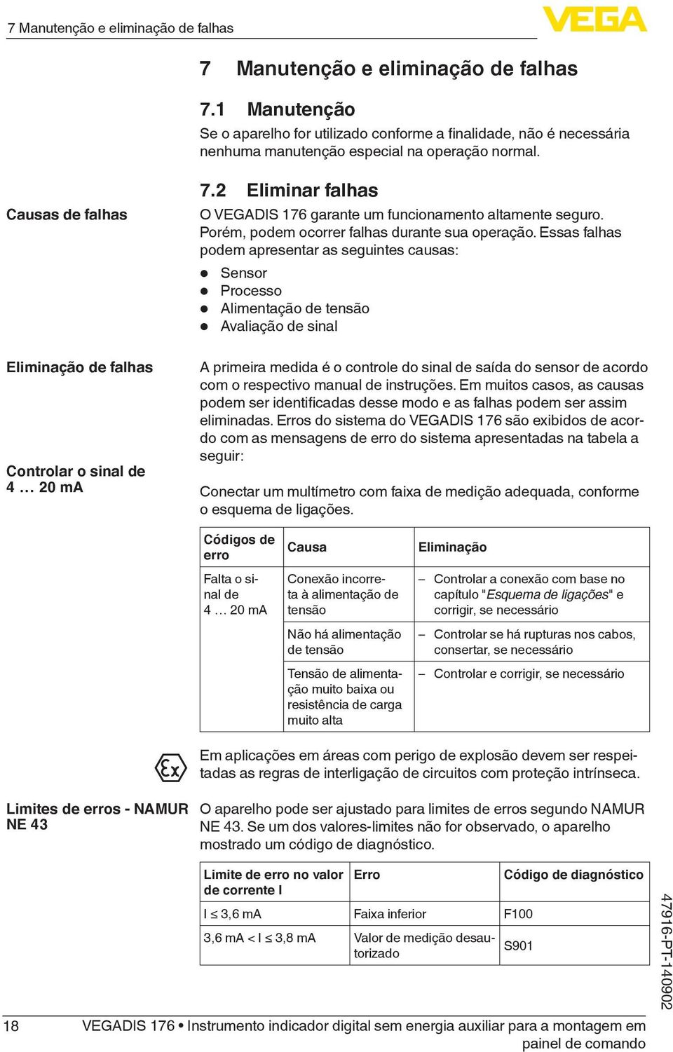 2 Eliminar falhas O VEGADIS 176 garante um funcionamento altamente seguro. Porém, podem ocorrer falhas durante sua operação.