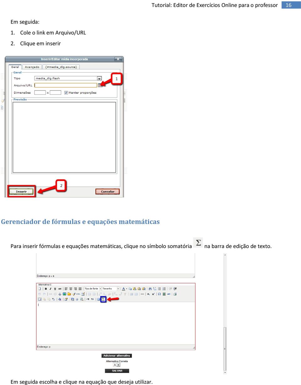 Para inserir fórmulas e equações matemáticas, clique no símbolo