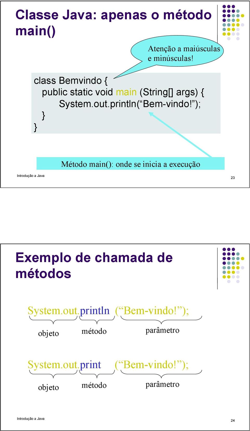 ); Método main(): onde se inicia a execução 23 Exemplo de chamada de métodos System.out.