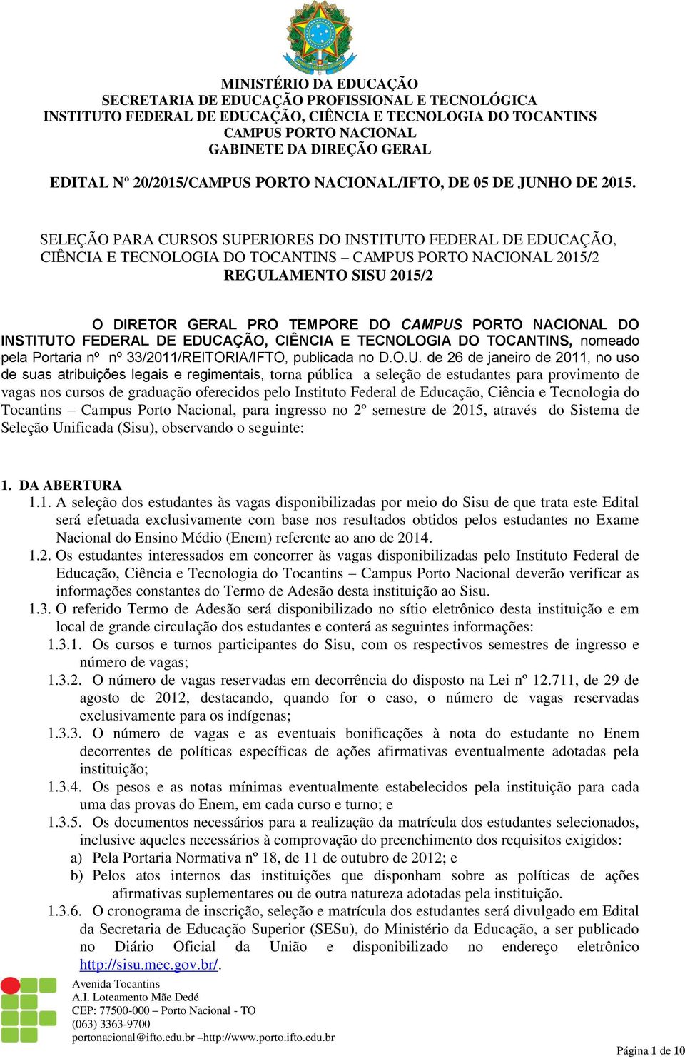 33/2011/REITORIA/IFTO, publicada no D.O.U.