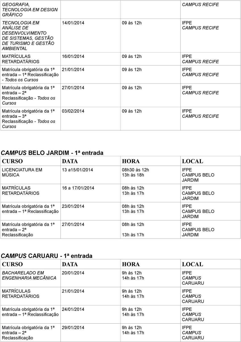 RETARDATÁRI 13 a15/01/2014 08h30 às 12h 13h às 18h 16 a 17/01/2014 08h às 12h 23/01/2014 08h às 12h 27/01/2014 08h às 12h BELO JARDIM BELO JARDIM BELO JARDIM BELO JARDIM