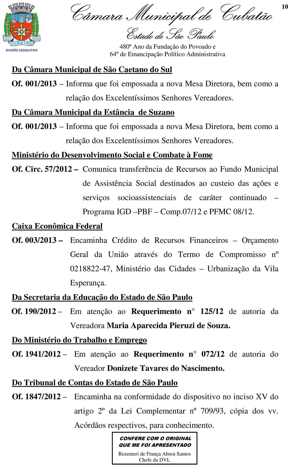 Ministério do Desenvolvimento Social e Combate à Fome Of. Circ.