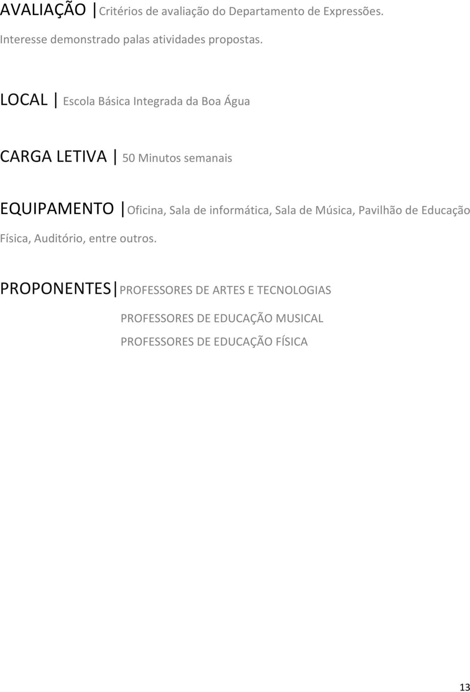 LOCAL Escola Básica Integrada da Boa Água CARGA LETIVA 50 Minutos semanais EQUIPAMENTO Oficina, Sala de