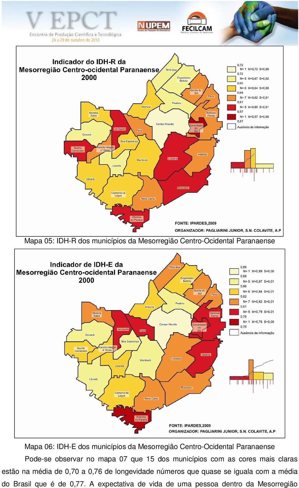 municípios com as cores mais claras estão na média de 0,70 a 0,76 de longevidade números que