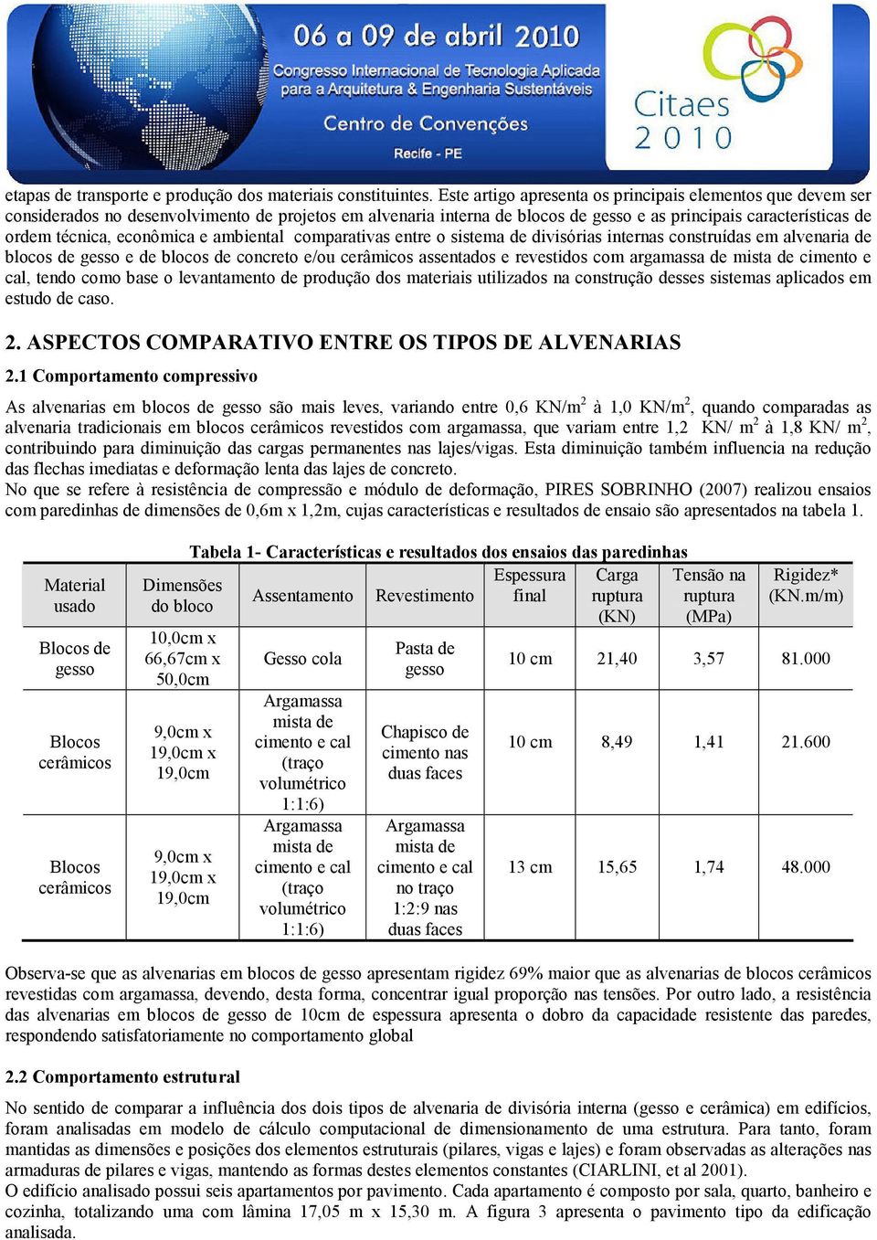 econômica e ambiental comparativas entre o sistema de divisórias internas construídas em alvenaria de blocos de gesso e de blocos de concreto e/ou cerâmicos assentados e revestidos com argamassa de