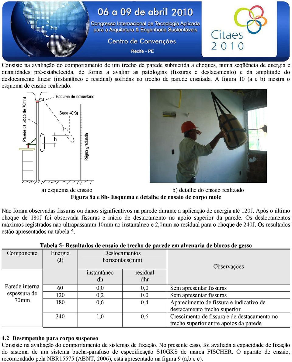 a) esquema de ensaio b) detalhe do ensaio realizado Figura 8a e 8b- Esquema e detalhe de ensaio de corpo mole Não foram observadas fissuras ou danos significativos na parede durante a aplicação de