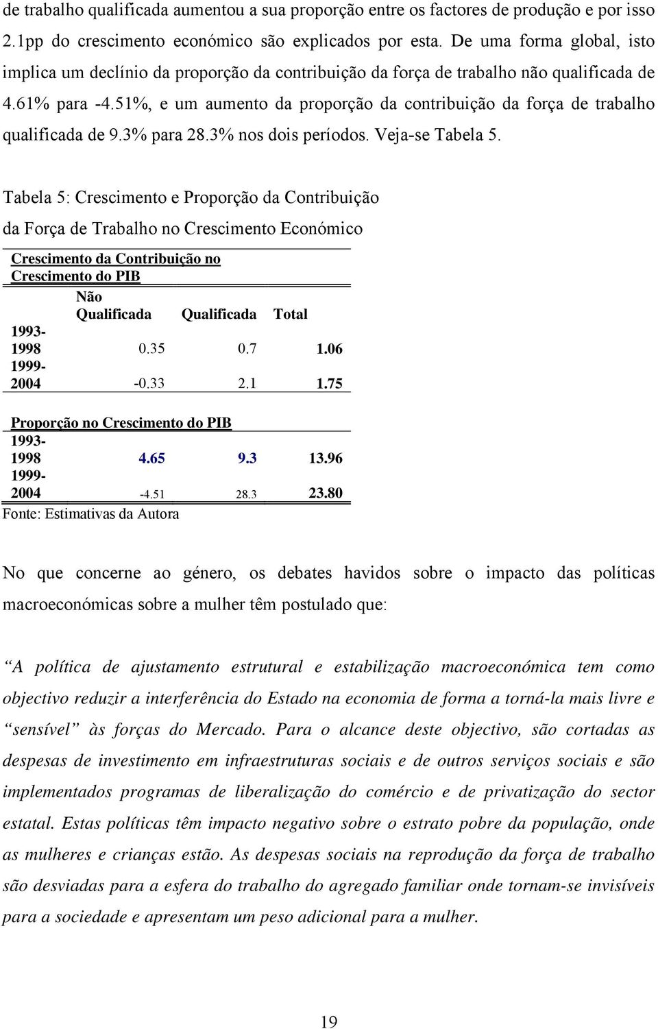 51%, e um aumento da proporção da contrbução da força de trabalho qualfcada de 9.3% para 28.3% nos dos períodos. Veja-se Tabela 5.