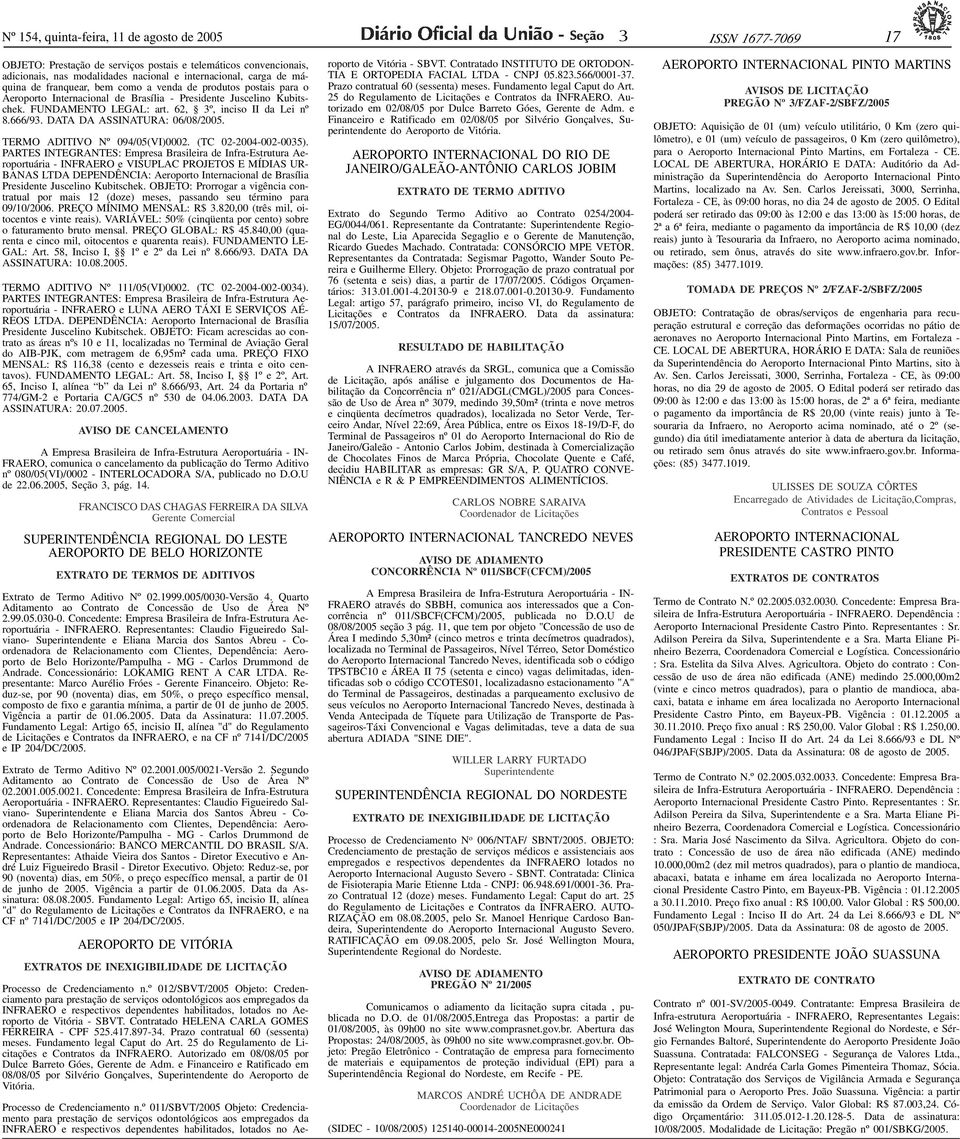 frnquer, bem como vend de produtos postis pr o Aeroporto Interncionl de Brsíli - Presidente Juscelino Kubitschek. FUNDAMENTO LEGAL: rt. 62, º, inciso II d Lei nº 8.666/9.