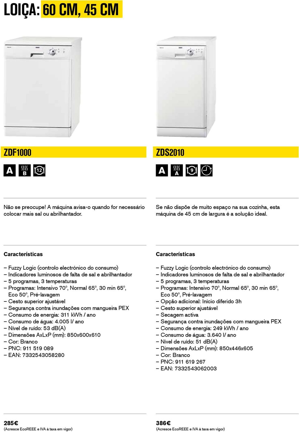 Fuzzy Logic (controlo electrónico do consumo) Indicadores luminosos de falta de sal e abrilhantador 5 programas, 3 temperaturas Programas: Intensivo 70º, Normal 65º, 30 min 65º, Eco 50º, Pré-lavagem