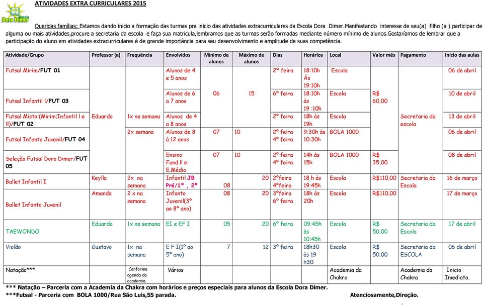 gostaríamos lembrar que a participação do aluno em atividas extracurriculares é gran importância para seu senvolvimento e amplitu suas competência.