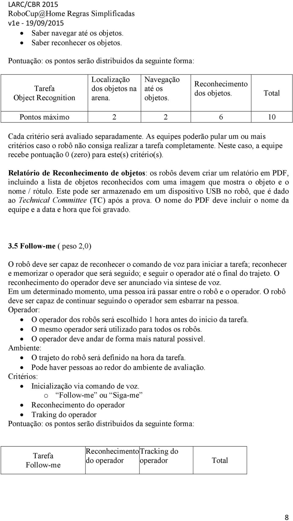 As equipes poderão pular um ou mais critérios caso o robô não consiga realizar a tarefa completamente. Neste caso, a equipe recebe pontuação 0 (zero) para este(s) critério(s).