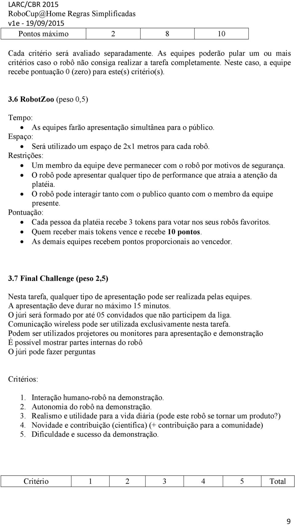 Espaço: Será utilizado um espaço de 2x1 metros para cada robô. Restrições: Um membro da equipe deve permanecer com o robô por motivos de segurança.