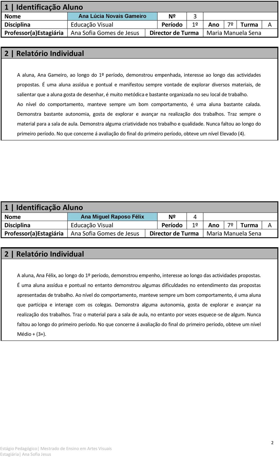 Ao nível do comportamento, manteve sempre um bom comportamento, é uma aluna bastante calada. Demonstra bastante autonomia, gosta de explorar e avançar na realização dos trabalhos.