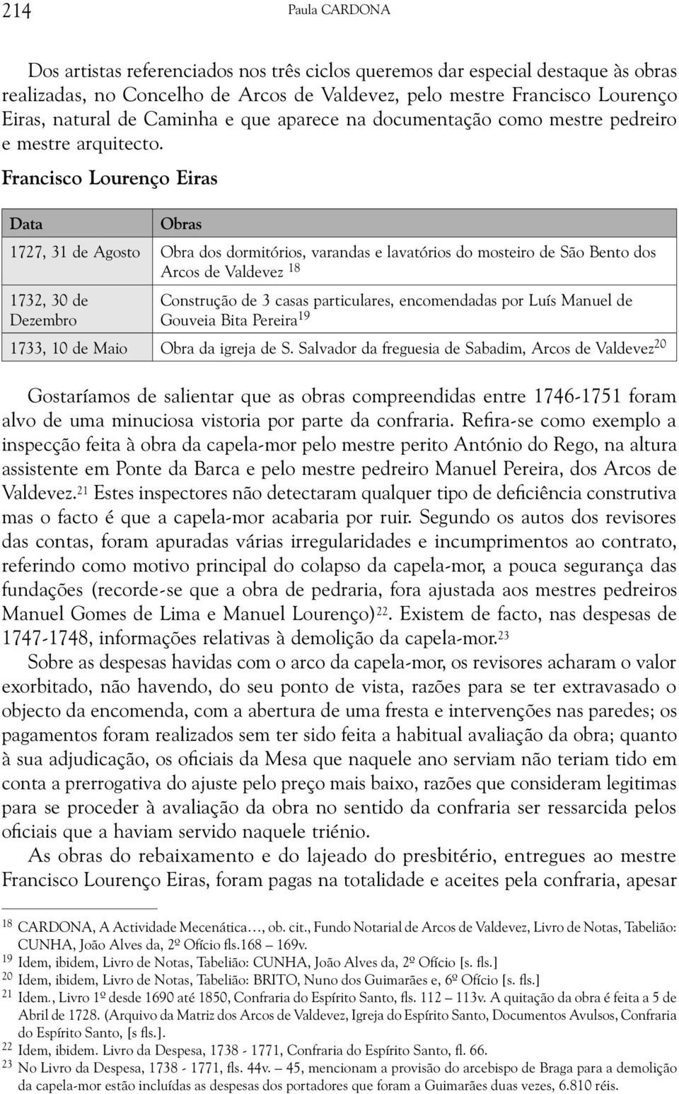 Francisco Lourenço Eiras 181920 Data Obras 1727, 31 de Agosto Obra dos dormitórios, varandas e lavatórios do mosteiro de São Bento dos Arcos de Valdevez 18 1732, 30 de Dezembro Construção de 3 casas