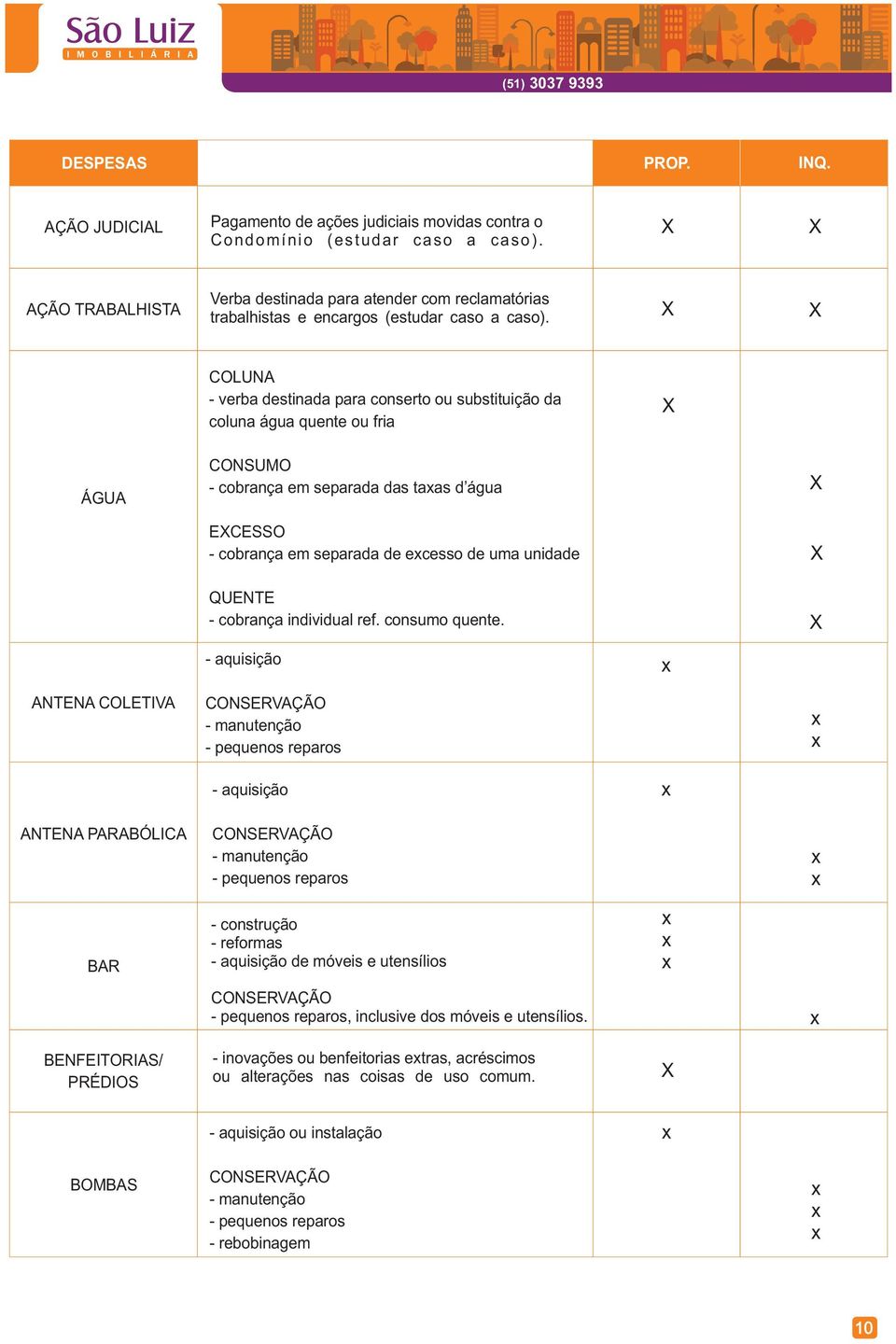 X X COLUNA - verba destinada para conserto ou substituição da coluna água quente ou fria X ÁGUA CONSUMO - cobrança em separada das taas d água EXCESSO - cobrança em separada de ecesso de uma