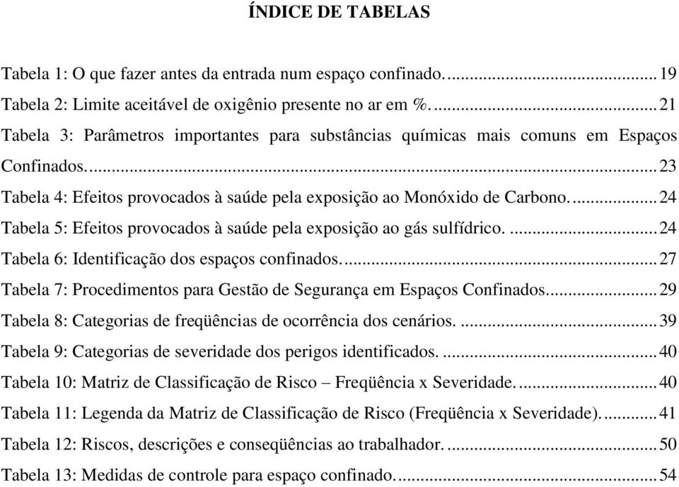 ... 24 Tabela 5: Efeitos provocados à saúde pela exposição ao gás sulfídrico.... 24 Tabela 6: Identificação dos espaços confinados.