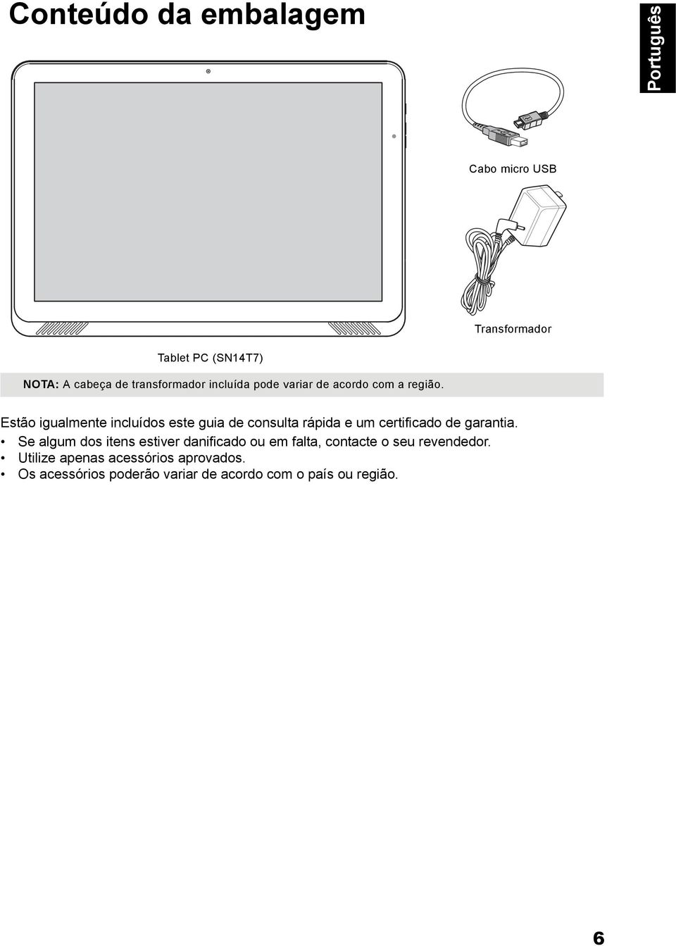 Estão igualmente incluídos este guia de consulta rápida e um certificado de garantia.